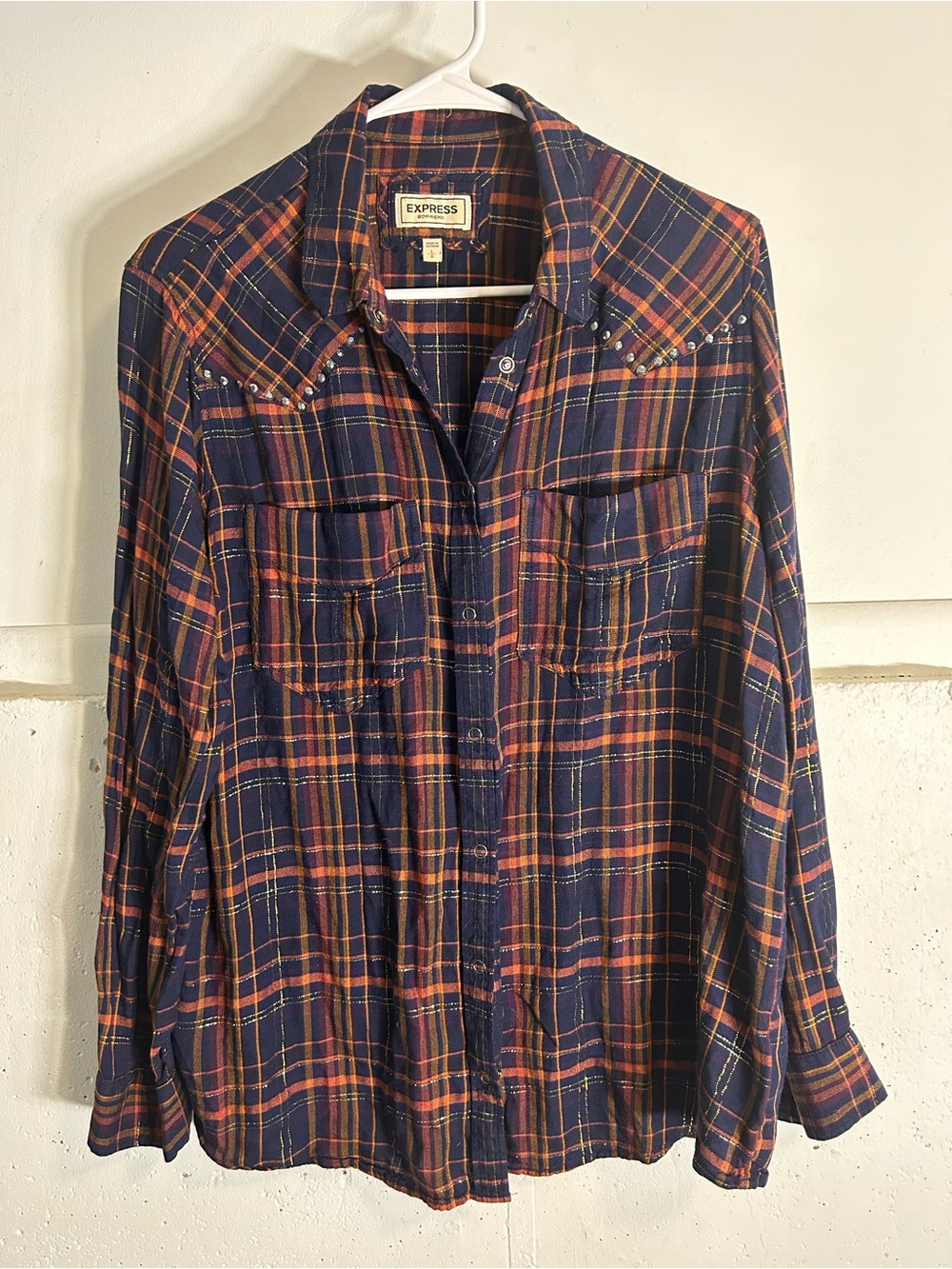 Express Navy Plaid Button-Down Shirt with Orange Accents